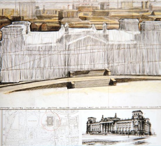 Sketch of the Wrapped Reichstag project concept, featuring detailed architectural drawings and notes.