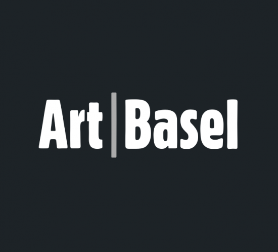 Art Basel logo with a dark background, featuring bold white text.