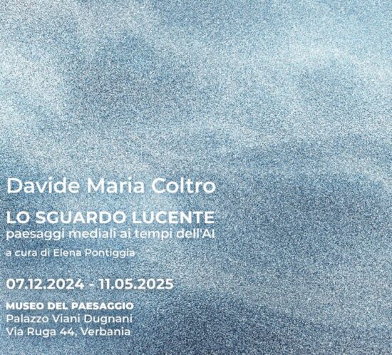 Promotional poster for the Lo Sguardo Lucente exhibition by Davide Maria Cotrlo, featuring dates and location.