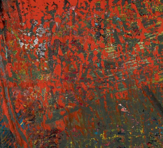 Abstract painting with vibrant red, green, and blue textures and brush strokes.