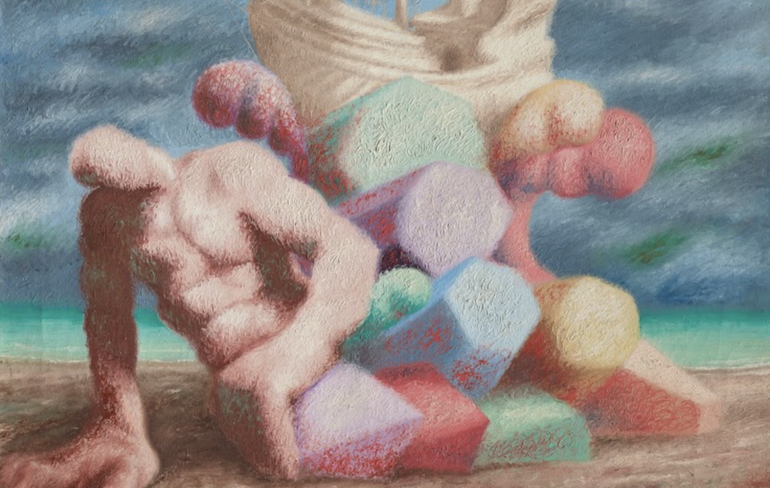 Particolare di un dipinto di Alberto Savinio: figura umana e forme colorate su una spiaggia sotto un cielo nuvoloso