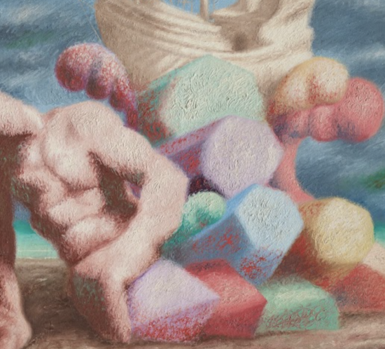 Particolare di un dipinto di Alberto Savinio: figura umana e forme colorate su una spiaggia sotto un cielo nuvoloso