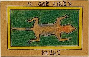 Disegno di Frédéric Bruly Bouabré: una lucertola su fondo verde con la scritta GRÉ = GLÉ e il numero 141