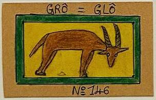 Disegno di Frédéric Bruly Bouabré: un'antilope su fondo giallo con la scritta GRÔ = GLÔ e il numero 146