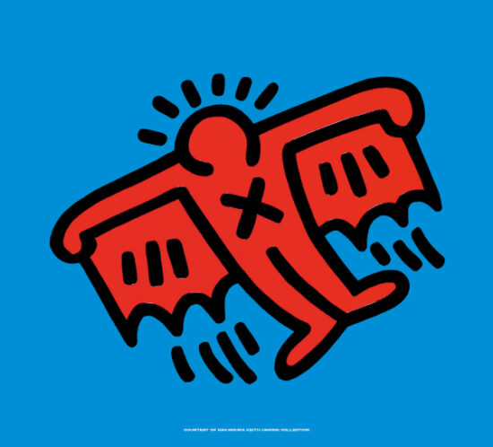 Keith Haring, X-Man, 1984: figura alata rossa su fondo azzurro, immagine della mostra al Museo di Roma a Palazzo Braschi