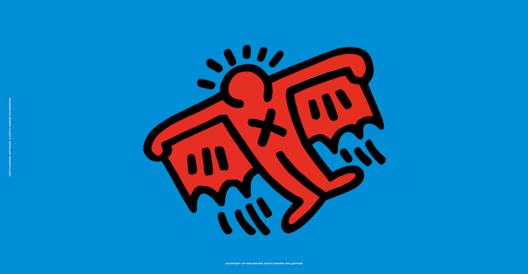Keith Haring, X-Man, 1984: figura alata rossa su fondo azzurro, immagine della mostra al Museo di Roma a Palazzo Braschi