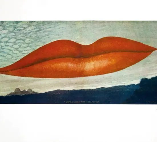 Man Ray, À l’heure de l’observatoire – Les Amoureux: grandi labbra rosse sospese nel cielo sopra un paesaggio, immagine della mostra alla Fondazione Magnani-Rocca