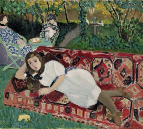 Henri Matisse, Jeunes filles au jardin, 1919: una ragazza distesa su un tappeto rosso in giardino, opera in mostra al Mudec di Milano