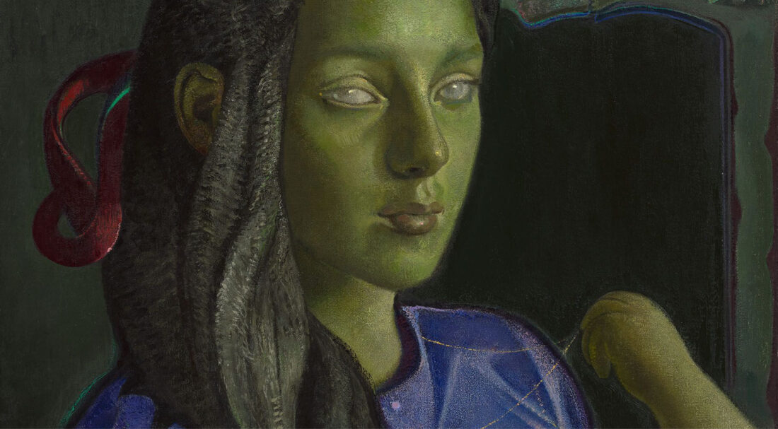 Particolare di un dipinto di Victor Man: volto femminile dai toni verdi su fondo scuro, immagine della mostra al Museo Novecento di Firenze