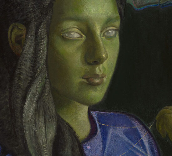 Particolare di un dipinto di Victor Man: volto femminile dai toni verdi su fondo scuro, immagine della mostra al Museo Novecento di Firenze